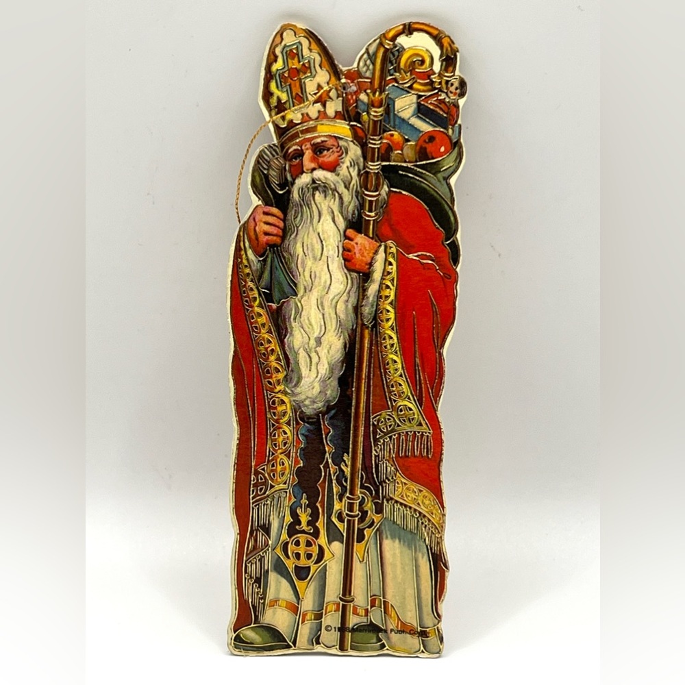Vintage Christmas Cut Cardboard Double Sided Victorian Santa Claus Ornament 5 in
